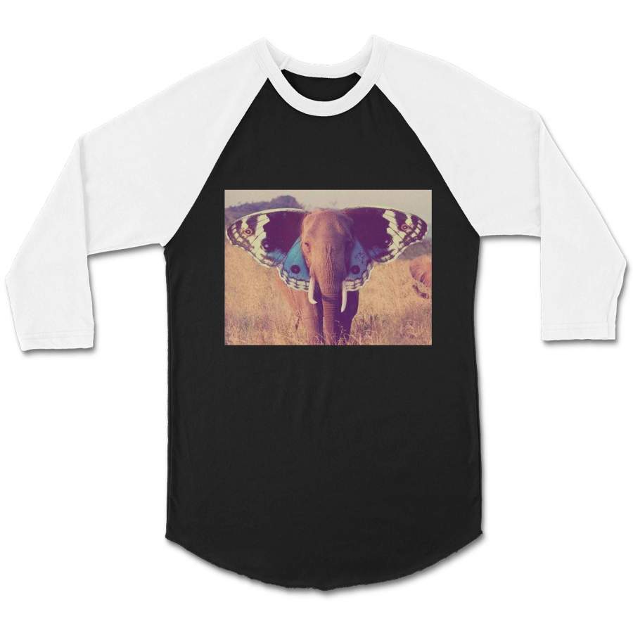 Gents Organic Art Elephant Dog Wings CPY Unisex 3/4 Sleeve Baseball Tee T-Shirt