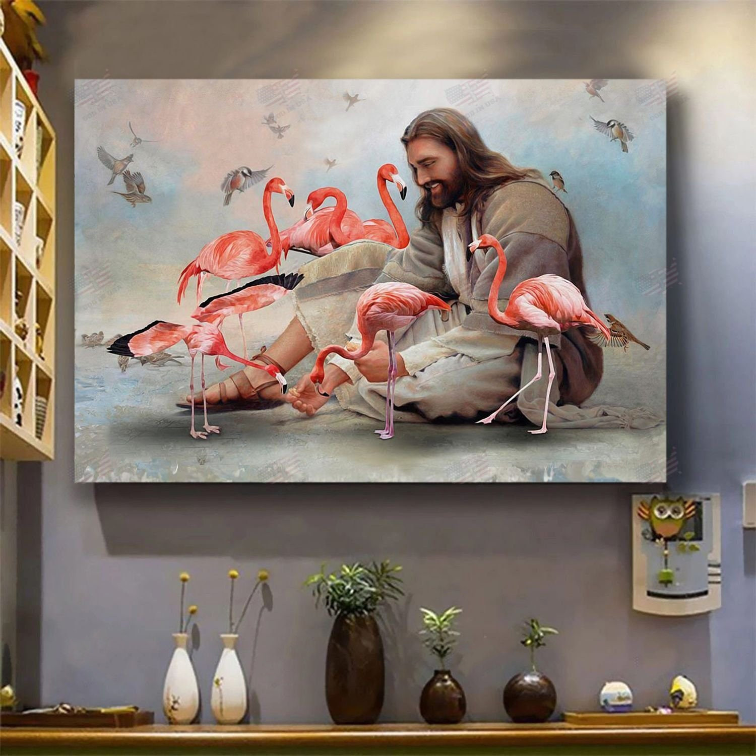 & Canvas | God And Flamingo Canvas, God Surrounded By Flamingo Angels, God Wall Art, Lovers Gift, Wall Art Decor, Home Decor