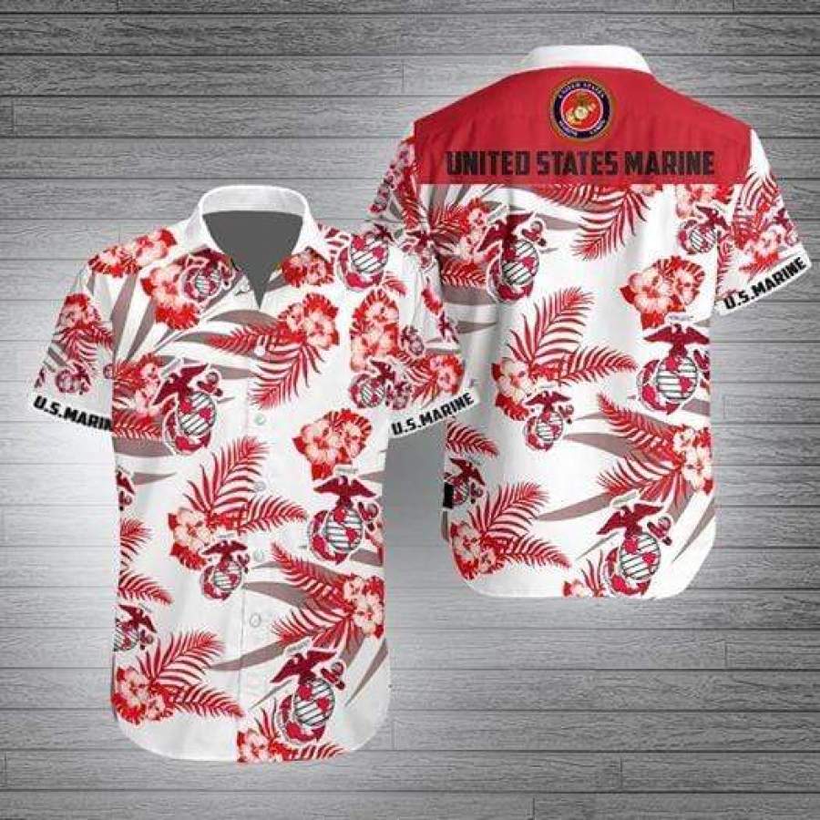 Us Marine Red Hibiscus Hawaii Aloha Shirts Ha85541