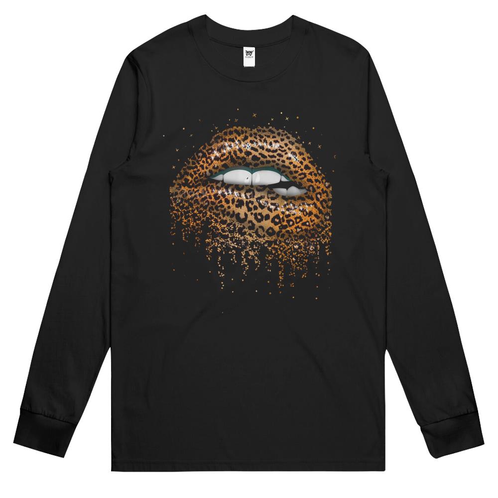 Womens Cool Lips Bite Kiss Me Leopard Print Cheetah Long Sleeve T Shirts