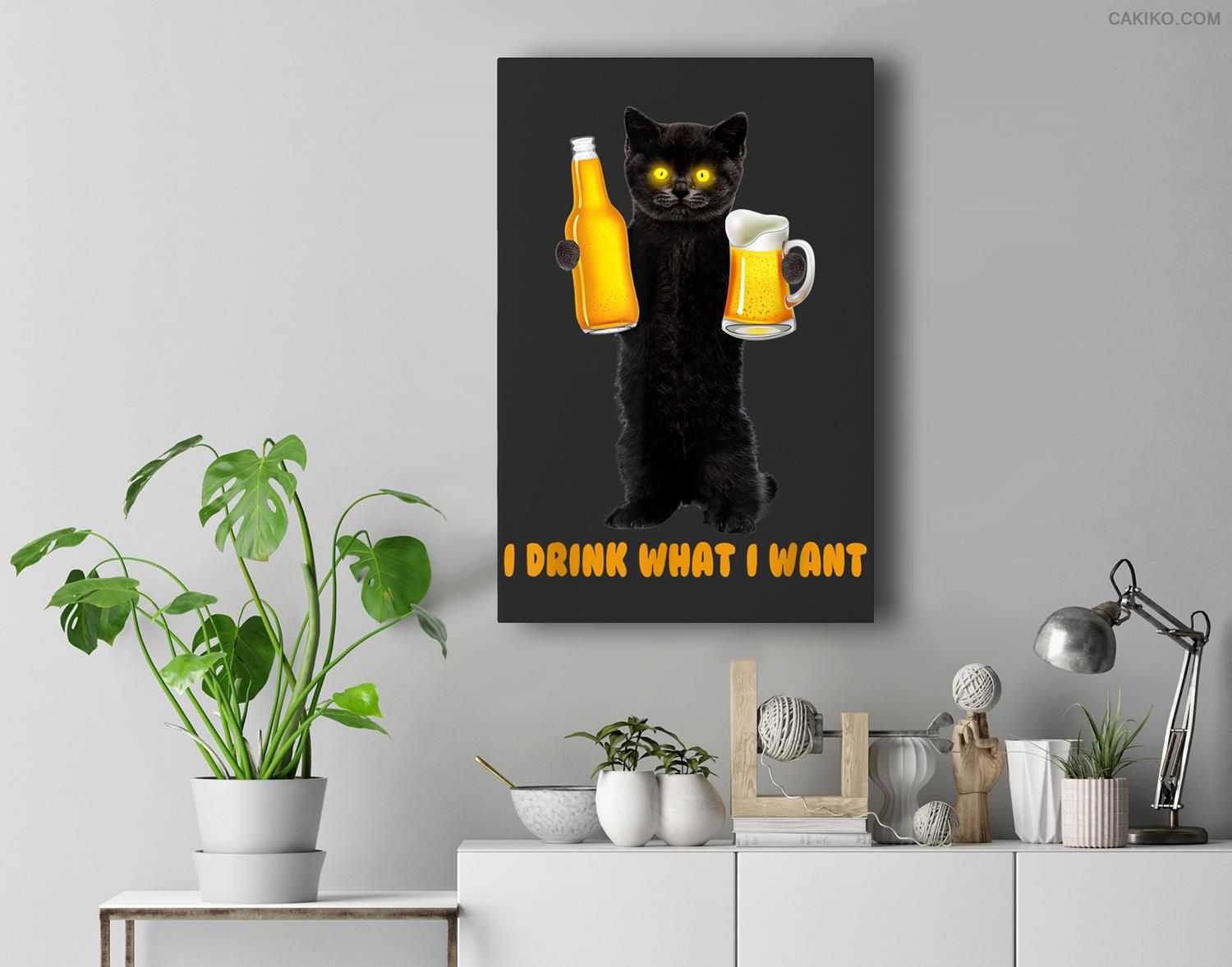 I Drink What I Want Funny Black Cat Holds Beer Drinking Team Premium Wall Art Canvas Decor