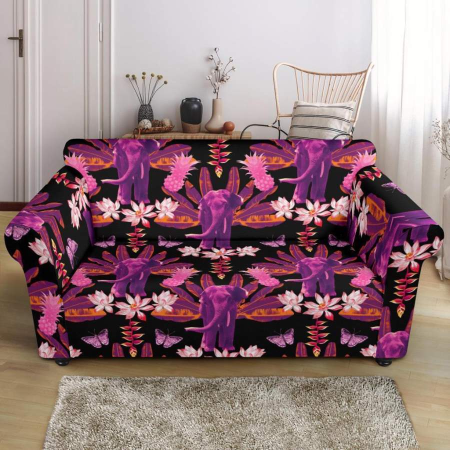 Floral Banana Leaves Elephant Print Loveseat Cover