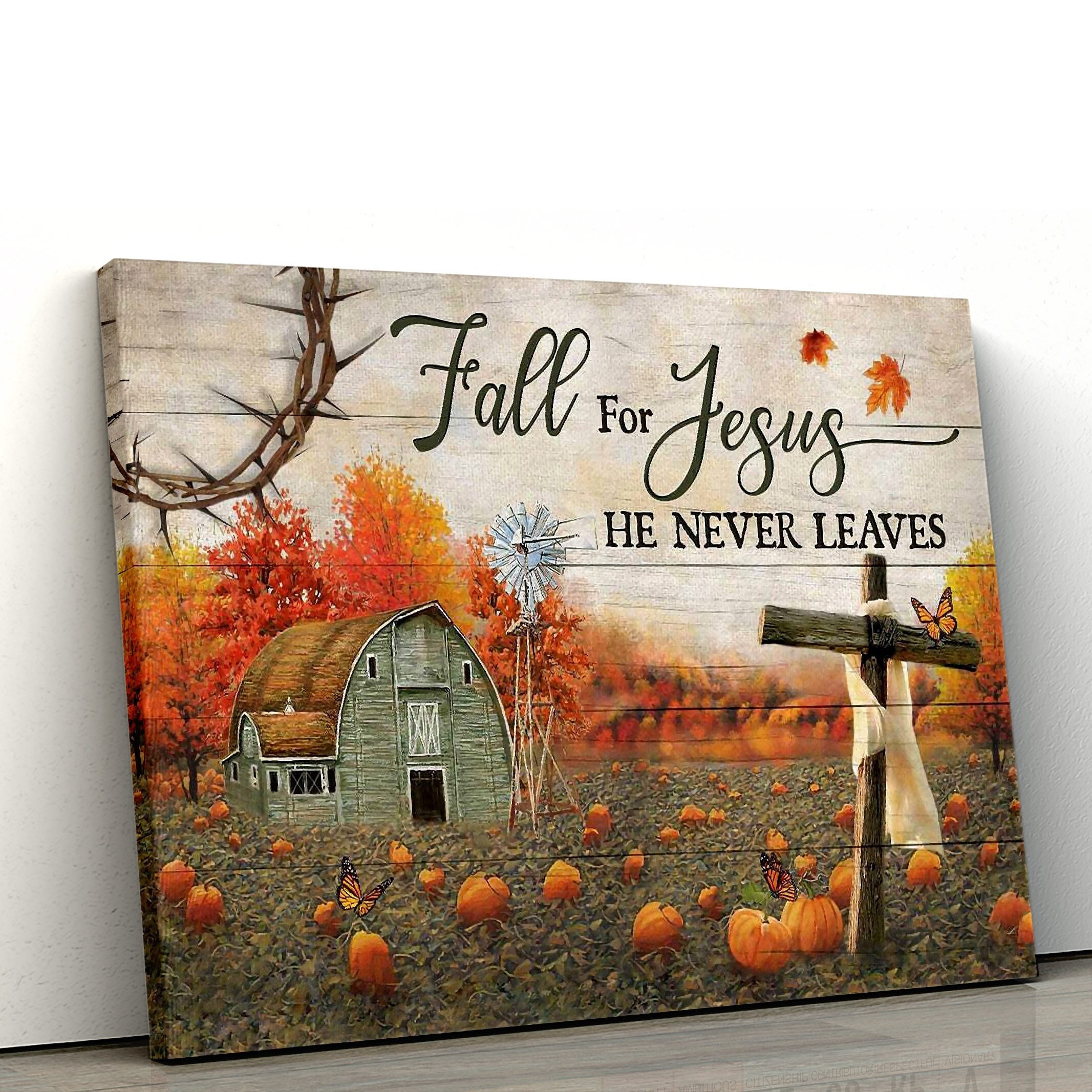 & Canvas | Fall For Jesus, He Never Leaves – Fall Tree And Pumpkin Fall,Jesus Landscape Canvas Print – Wall Art Decor, Home Decor