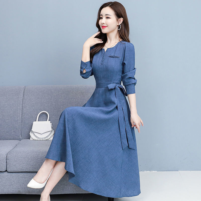 V-neck Elegant Fashion Long Sleeve Button Elastic Waist Belt Dress Comfortable Simple Solid Color Autumn Women’s Clothing 2022 alx