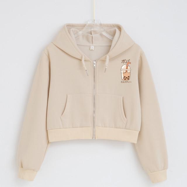 Boba Milk Tea Cropped Zip Up Soft Hoodies