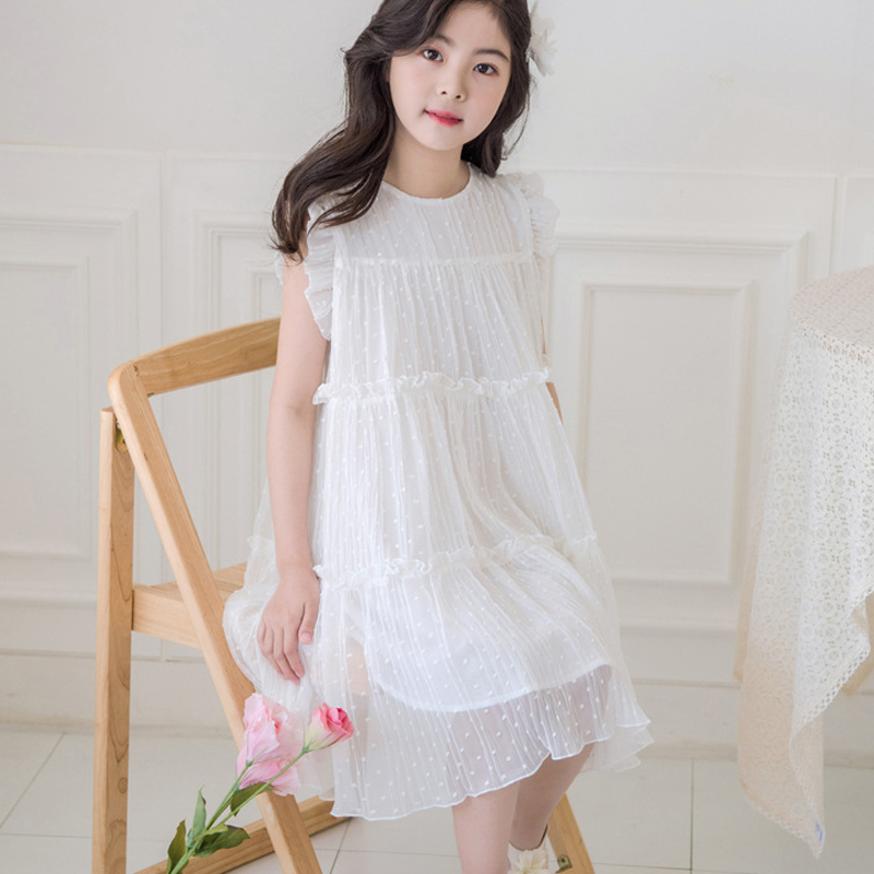 2020 Summer Girls Dress White Chiffon Kids Dresses Children Princess Party Frocks Sleeveless Girls Birthday Vestidos Age 4 to 14 alx