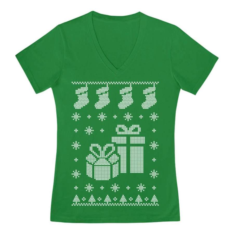 Xmas Stocking & Presents Ugly Christmas Sweater Funny V-Neck Fitted Women T-Shirt