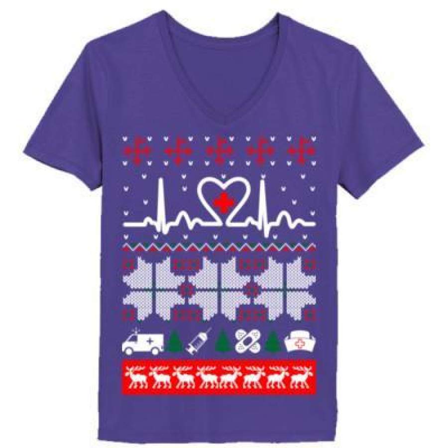 AGR Christmas Nurse Cna Doctor Ugly Sweater – Ladies’ V-Neck T-Shirt