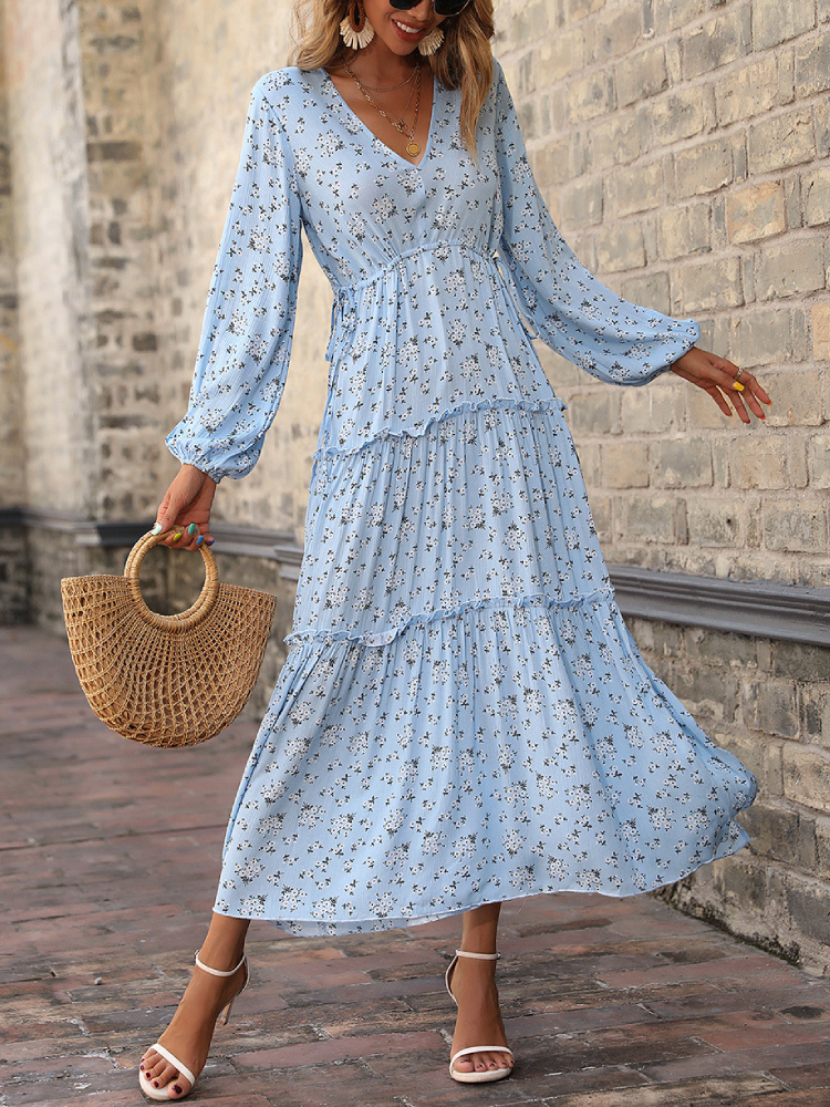 Women Autumn Long Sleeve Floral Print Dress Fashion Patchwork Casual Lace Up Long Dresses V Neck Loose Slit Hem Dress Vestidos alx