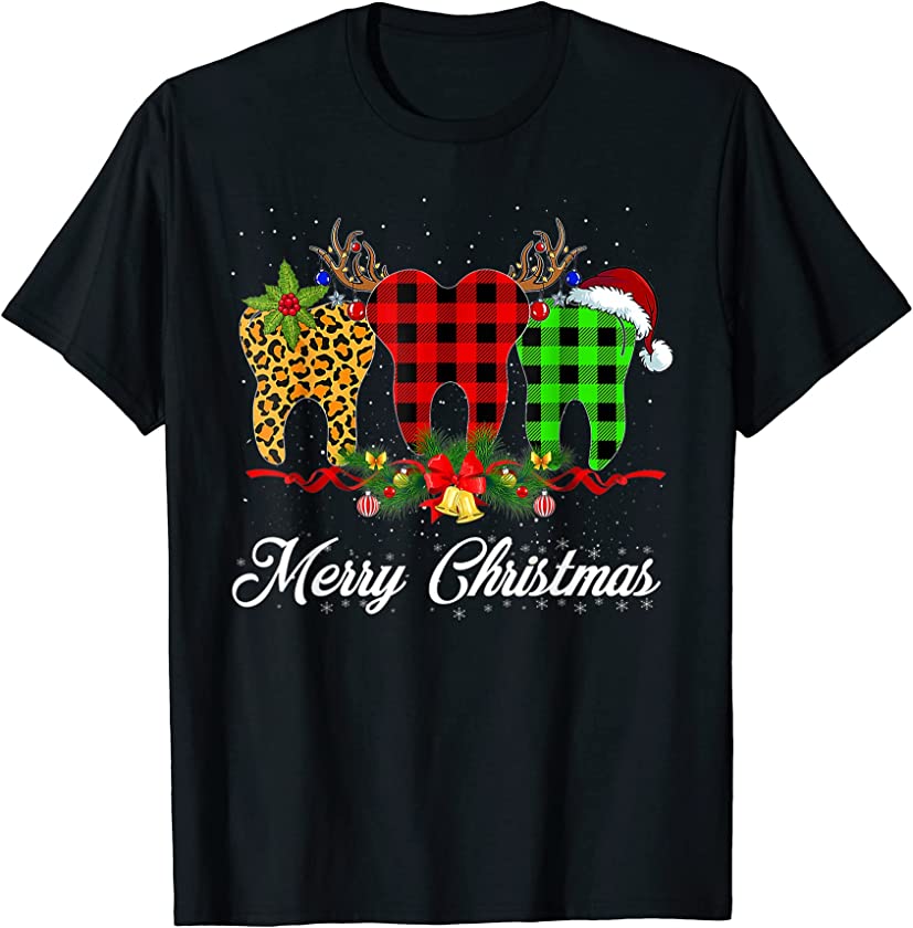 Dentist Christmas Funny Leopard Plaid Tooths Dental Costume T-Shirt