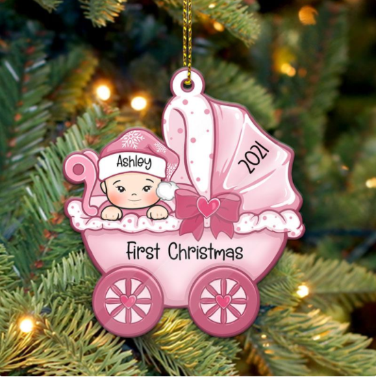 Baby First Christmas, Baby Carriage, Christmas Shaped Ornament, Custom Gift For Baby