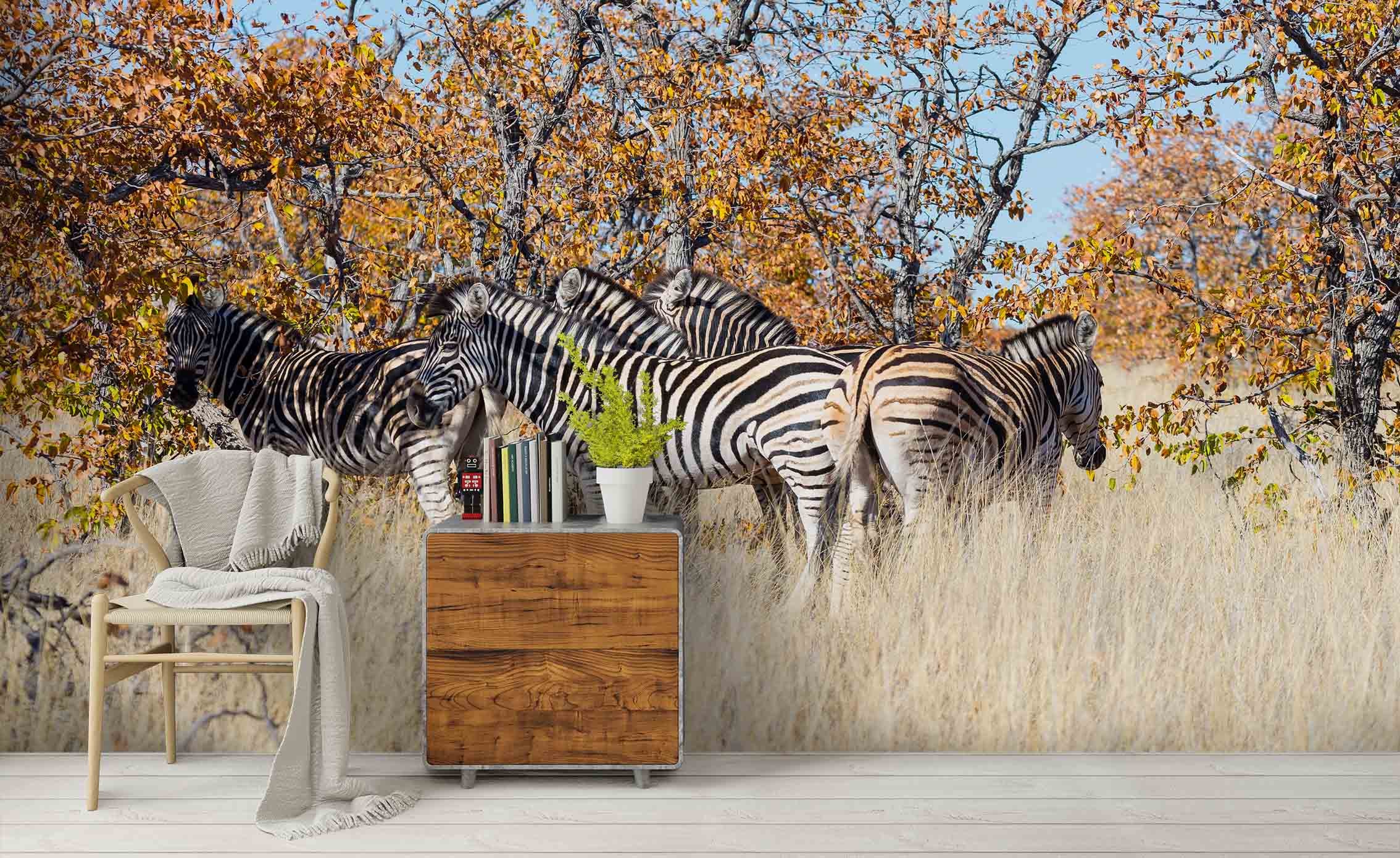 3D Grassland Withered Tree Leave Animals Zebra Wall Mural Wallpaper Zy D62