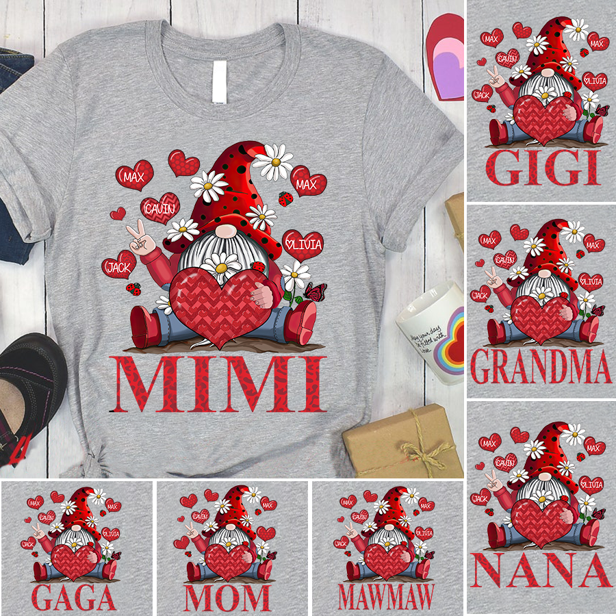 Personalized Grandma And Grandkids Heart Gnome T-Shirt