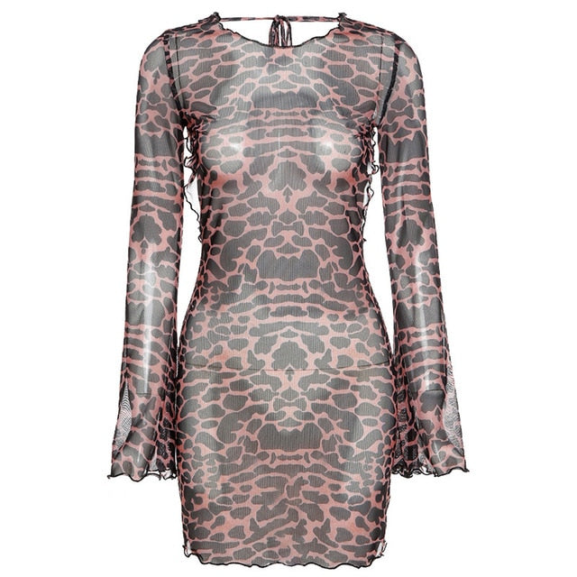 Yimunancy Leopard Print Backless Long Sleeve Mesh Dress