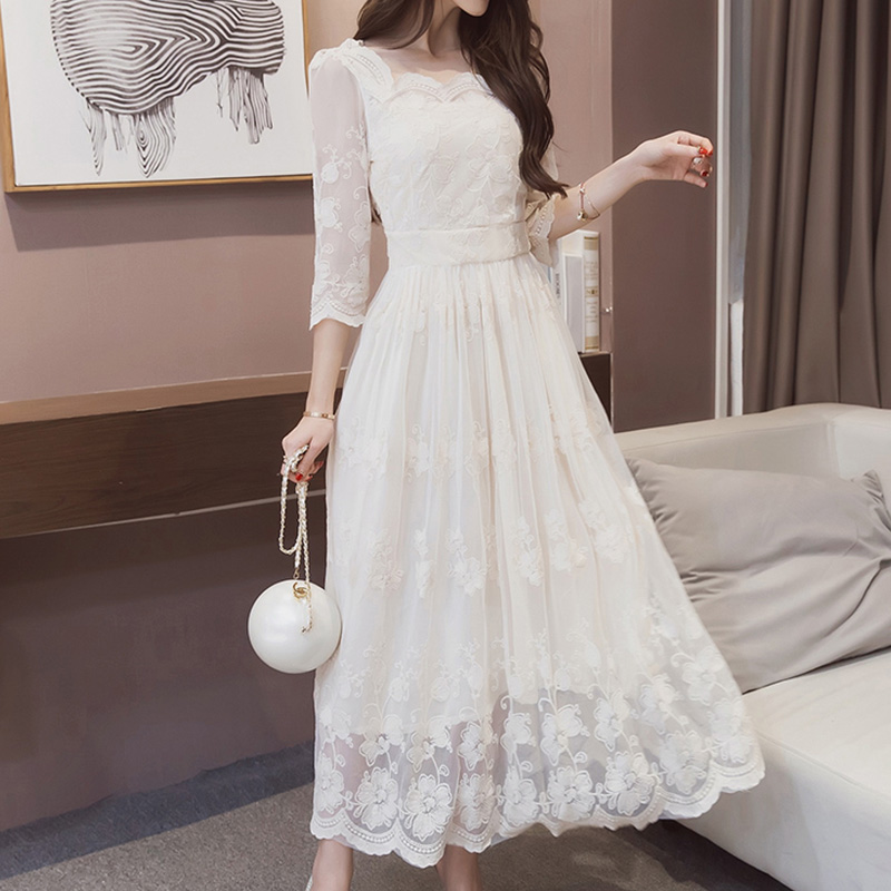 2022 New Autumn Ruffled Neck Lace Hollow Out Floral Embroidery Elegant Dresses for Women Vintage Slim High Waist Ankle Vestidos alx