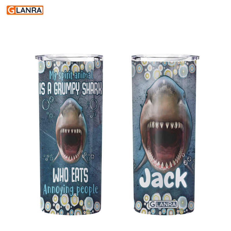 Personalized My Spirit Animal Is A Grumpy Shark Skinny Tumbler, Custom Shark Tumbler, Glitter Water Bottle, Stainless Steel Tumbler, Metal, Insulated