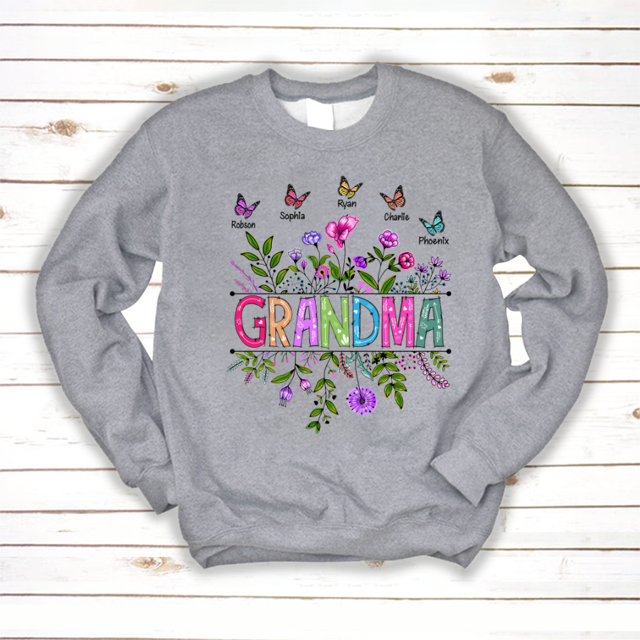 Personalized Wildflowers Grandma And Grandkids Butterfly Sweatshirt