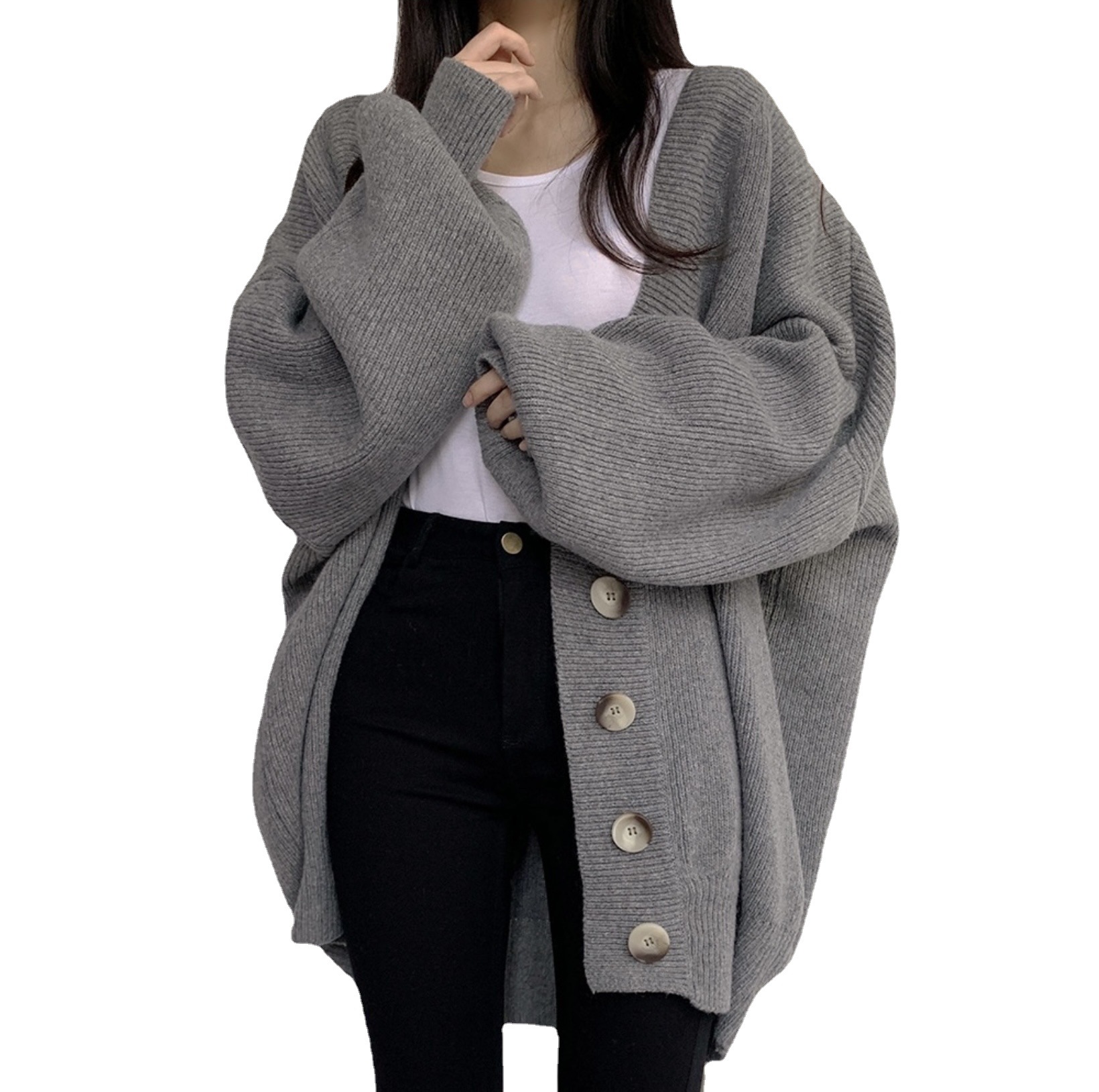 Women’s Korean Autumn and Winter Casual Lazy Style V-Neck Single breasted Loose Lantern Sleeve Knitted Cardigan Sweater Coat Wom alx