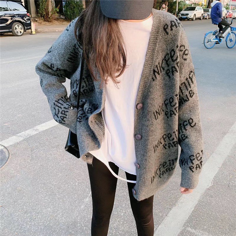 Spring and Autumn Women’s Korean Casual Cardigan Women’s Fashion Mid-length Knitted Cardigan V-neck Loose Letter Sweater Jacket alx