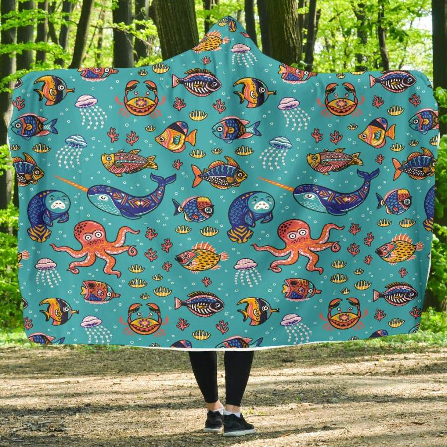 Manatee Whale Fish Octopus Pattern Print Hooded Blanket