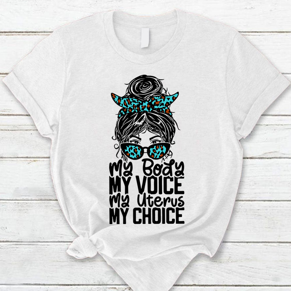 My Body My Uterus Feminist Women Rights Messy Bun Leopard T-Shirt Do99