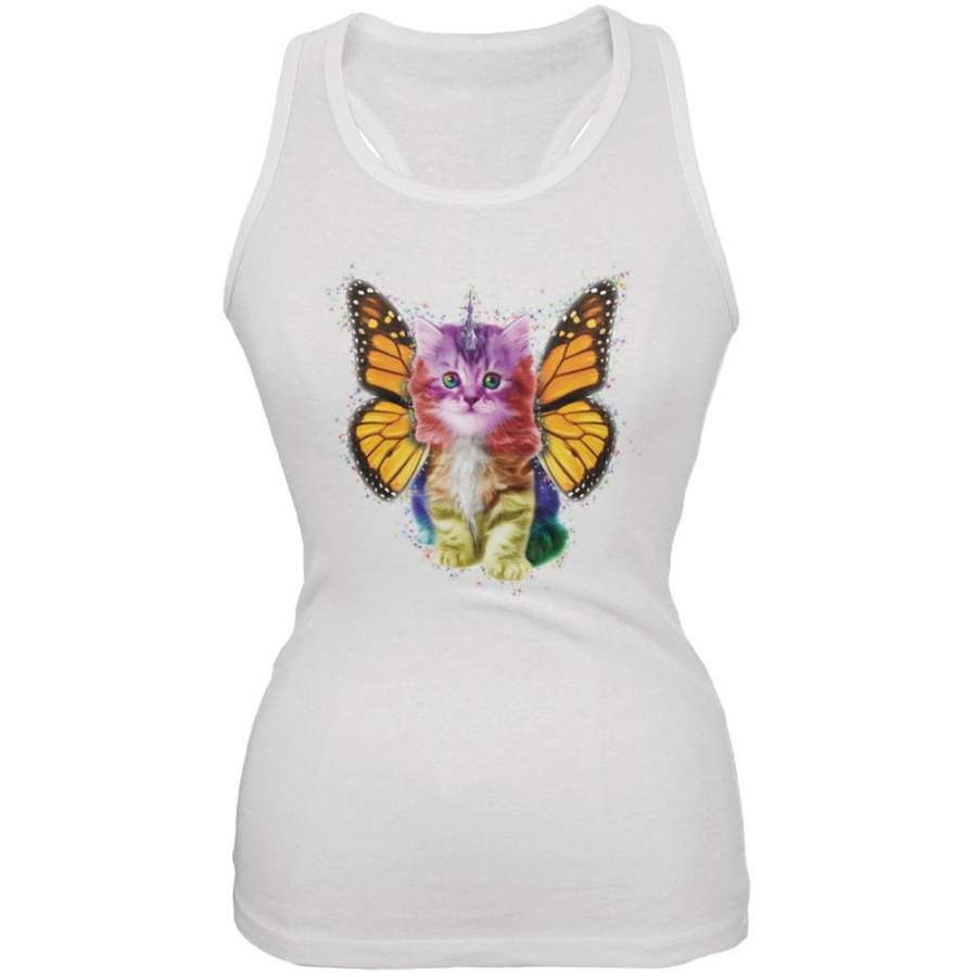 Rainbow Butterfly Unicorn Kitten White Juniors Soft Tank Top