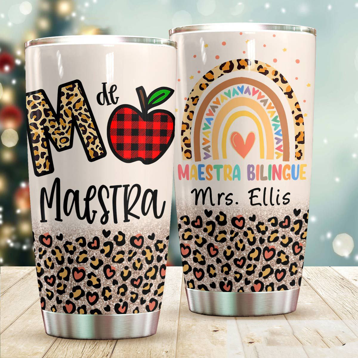 Personalized Travel Cup For Teacher M Is For Maestra Rainbow Leopard 20Oz Tumbler Custom Name Back To School Gifts