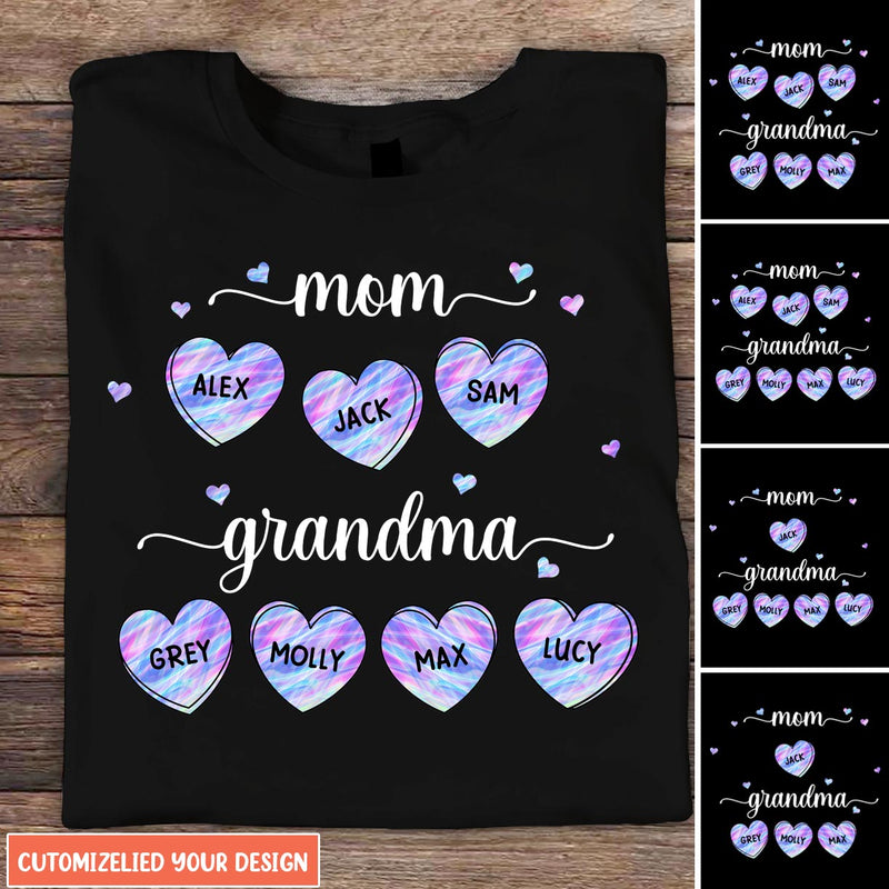 Mom Grandma Hologram Sweet Heart Personalized T-Shirt, Pod Shirt For Mimi Nana