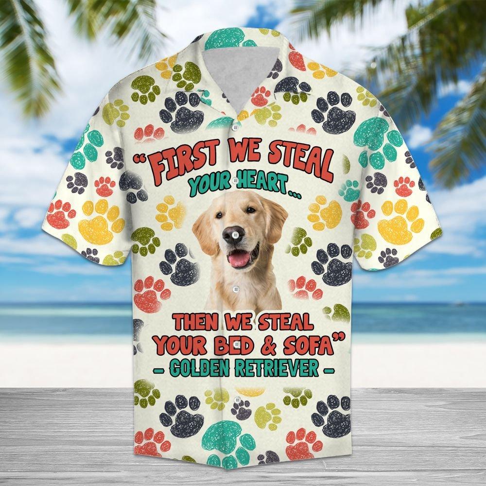 Aloha Shirt Mother’s day Father’s day unique gift ideas for mom & dad from daughter & son kids, meaningful birthday presents –  Golden Retriever Steal Your Heart H28805 – Hawaiian Shirt