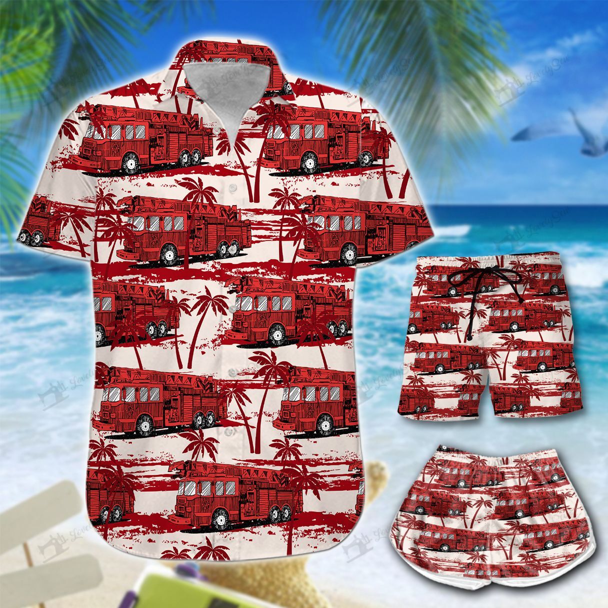 Fire Truck Red Palm Hawaiian Shirt Shorts Ha9202