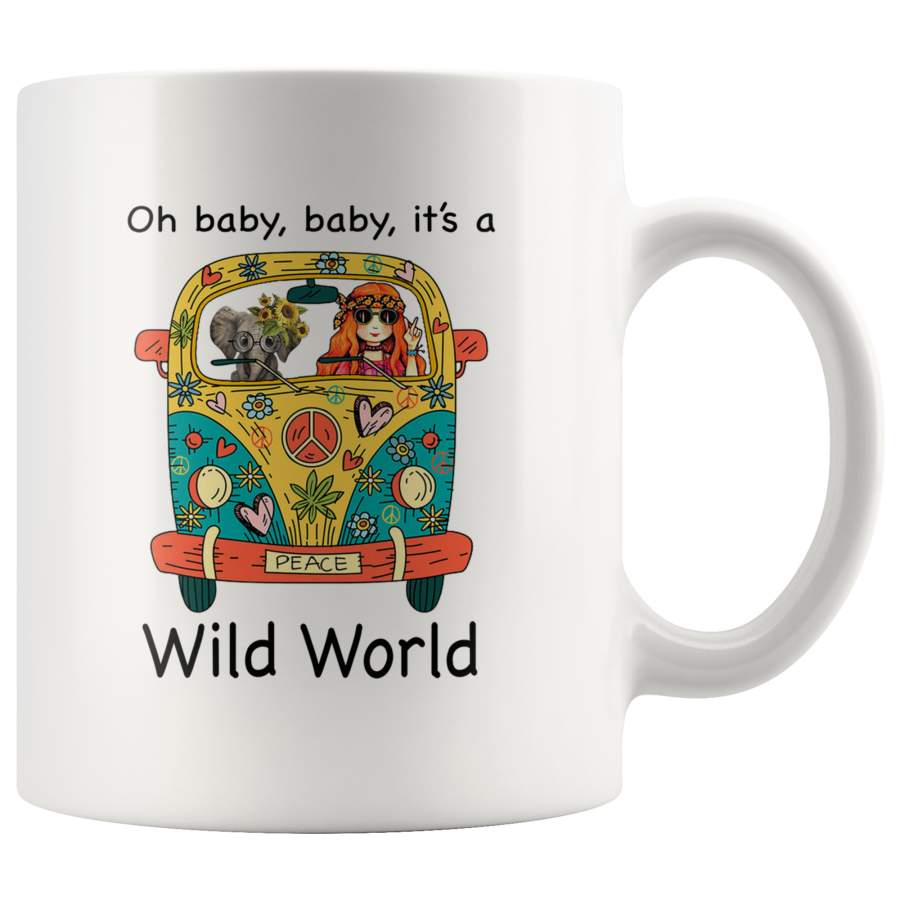 Oh baby it’s a wild world girl elephant in hippie car white coffee mug