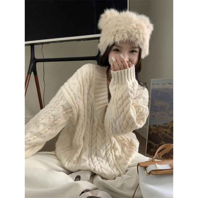 Women Green Sweater V-Neck Korean Fashion Vintage Leisure Lazy Wind Loose Winter New Female Thicken Warm Knitting Pullover alx