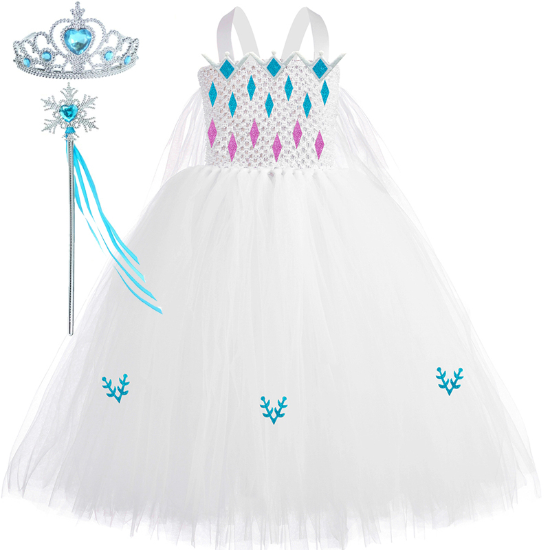 White Snow Queen Elsa Princess Dress Gown for Girls Kids Cosplay Halloween Costumes Toddler Girl Tutu Fancy Dresses with Cloak alx