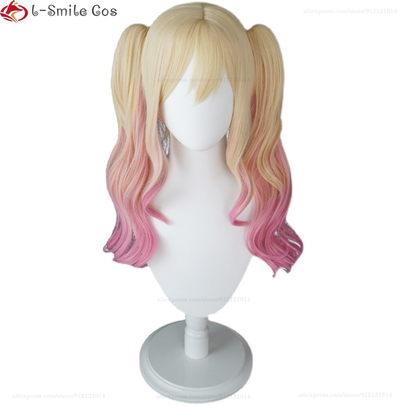 Anime Tenma Saki Cosplay Wig Women Golden Gradient Pink With Double Ponytail Heat Resistant Hair Halloween Party Wigs + Wig Cap alx