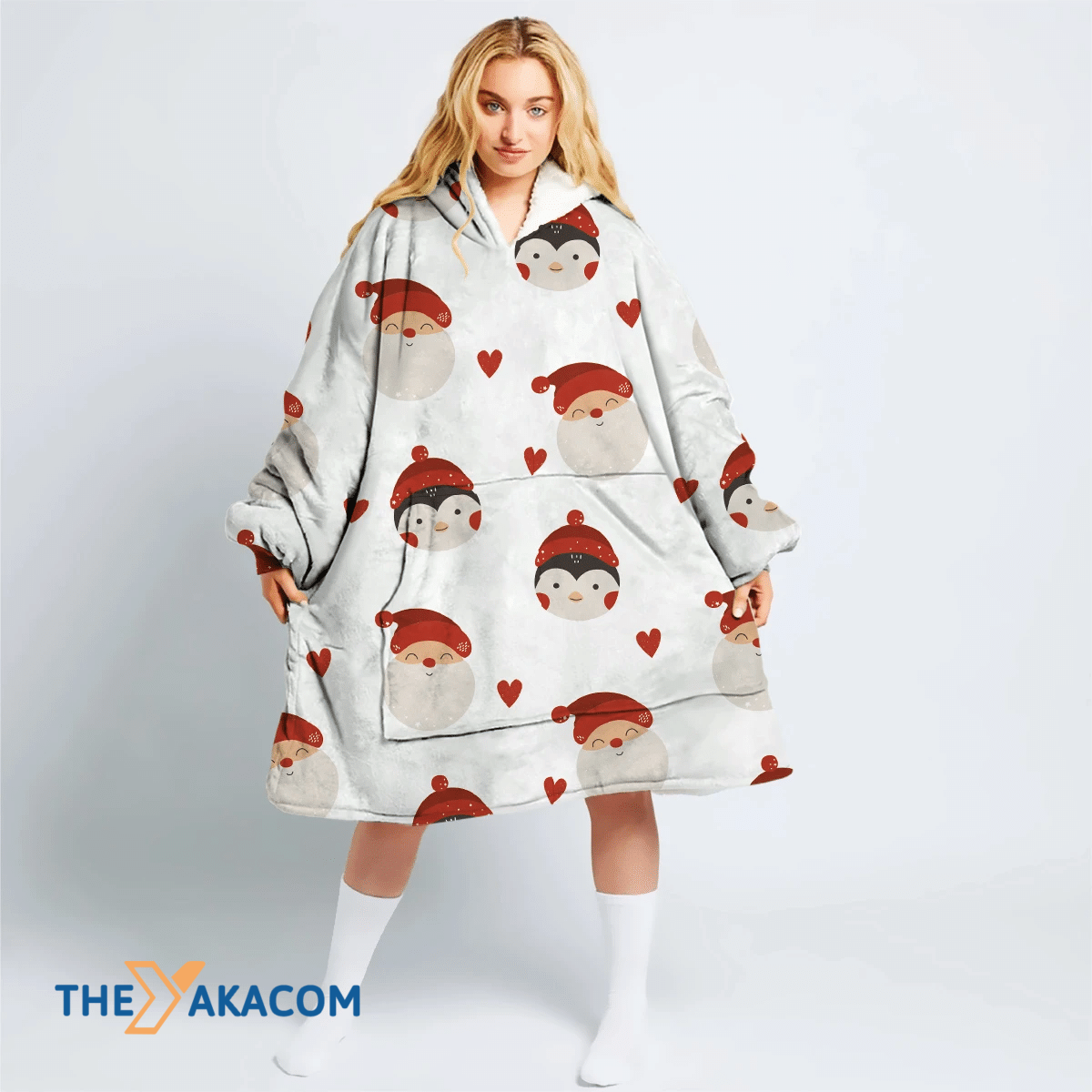 Christmas Festive Adorable Penguin And Santa Hoodie Blanket