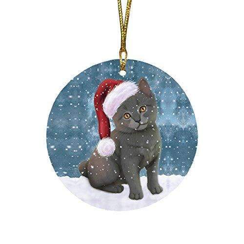 Let It Snow Christmas Holiday Chartreux Kitten Cat Wearing Santa Hat Round Ornament D278