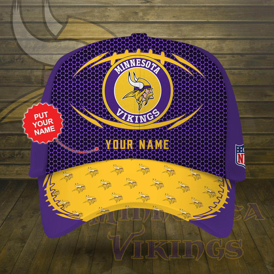 Personalized Minnesota Vikings Beehive Hexagon Pattern All Over Print 3D Baseball Cap – Purple Yellow