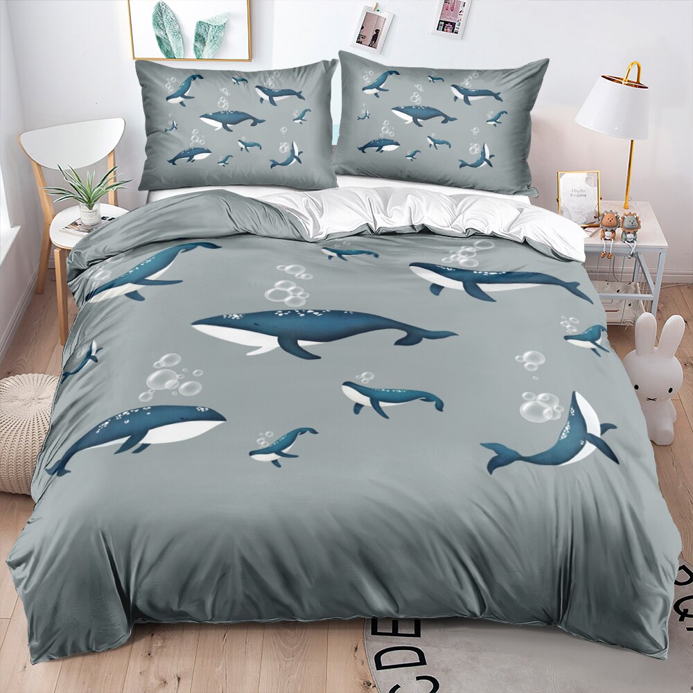 3D Cartoon Whales Bedding Set Gray Duvet Cover Set Twin Queen King Size 265X230Cm Bedchildren Decoration