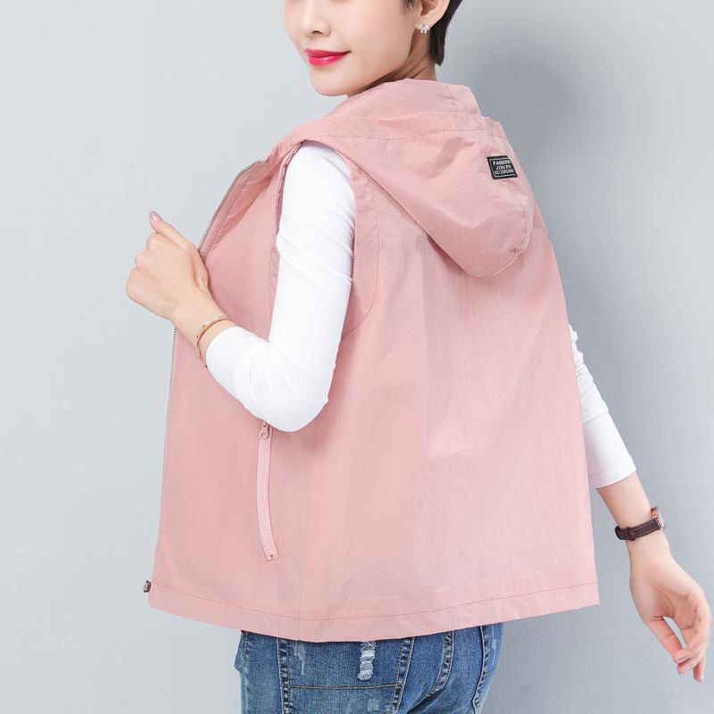 2022 Spring and Summer Women Vest Casual Loose Solid Color V-neck Vest Pink Hooded Sleeveless Jacket 5XL D130 alx