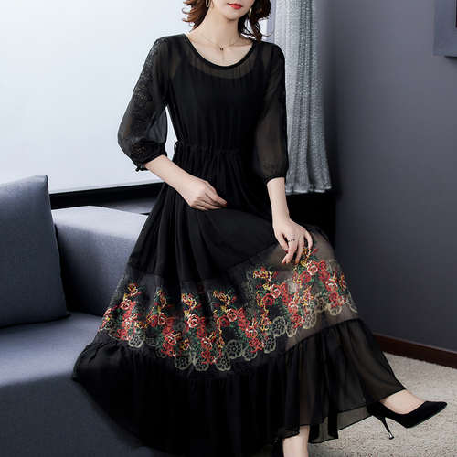 Women Black Mesh Floral Embroidery Elegant Maxi Dress 2022 Spring Vintage Two Piece Dress Bodycon Party Evening Vestidos alx