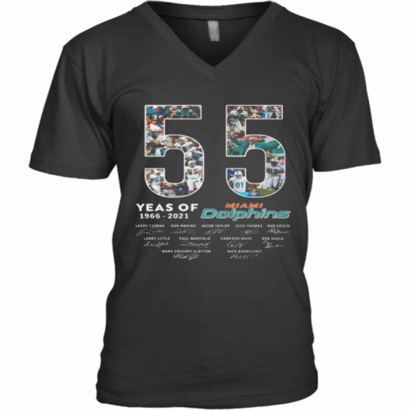 55 Years Of 1966 2021 Miami Dolphins Signatures V-Neck T-Shirt