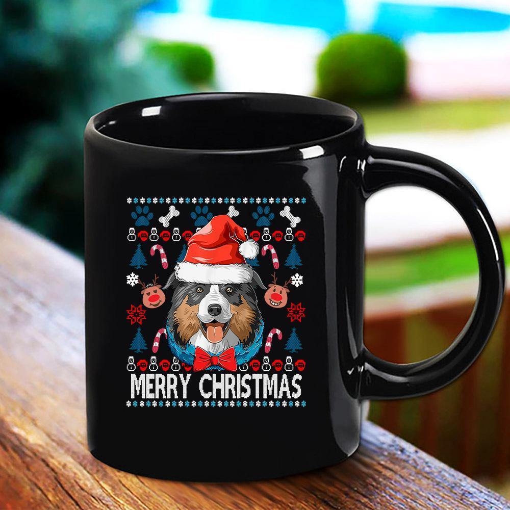 Australian Shepherd Antlers Christmas Xmas Santa Hat Candy Can Reindeer Merry Christmas Black Mug