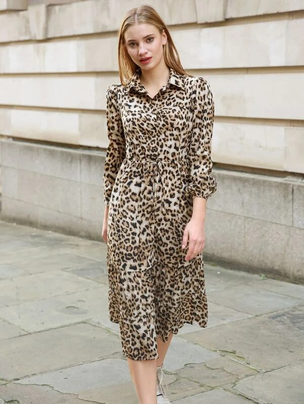 Women Leopard Print Drawstring Waist Shirt Dress