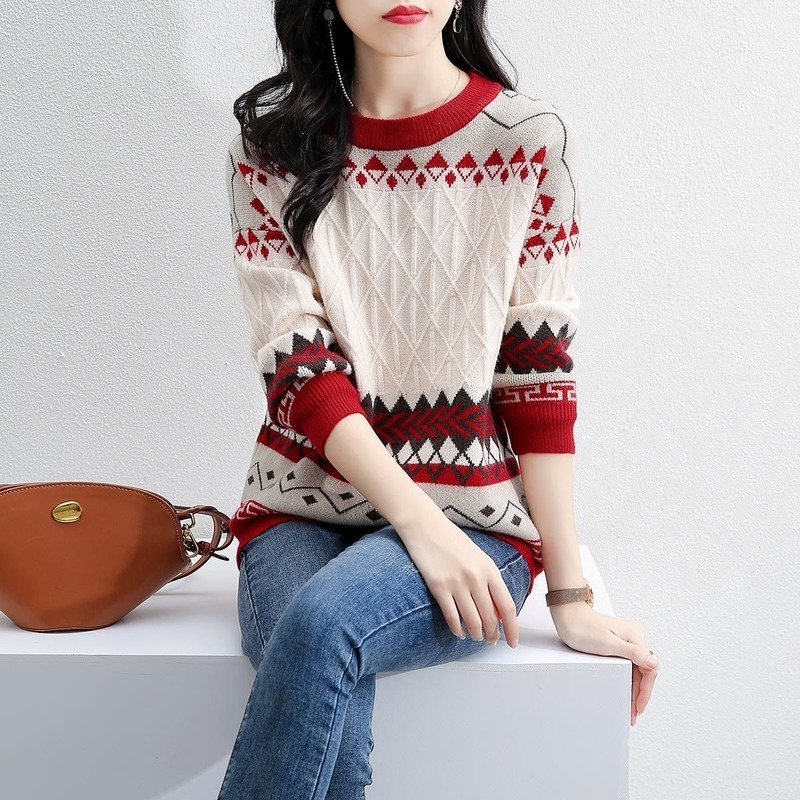 2022 Autumn And Winter Fashion New Round Neck Long-sleeved Contrast Sweater Women Loose Knit Pullover Blouse All-match alx