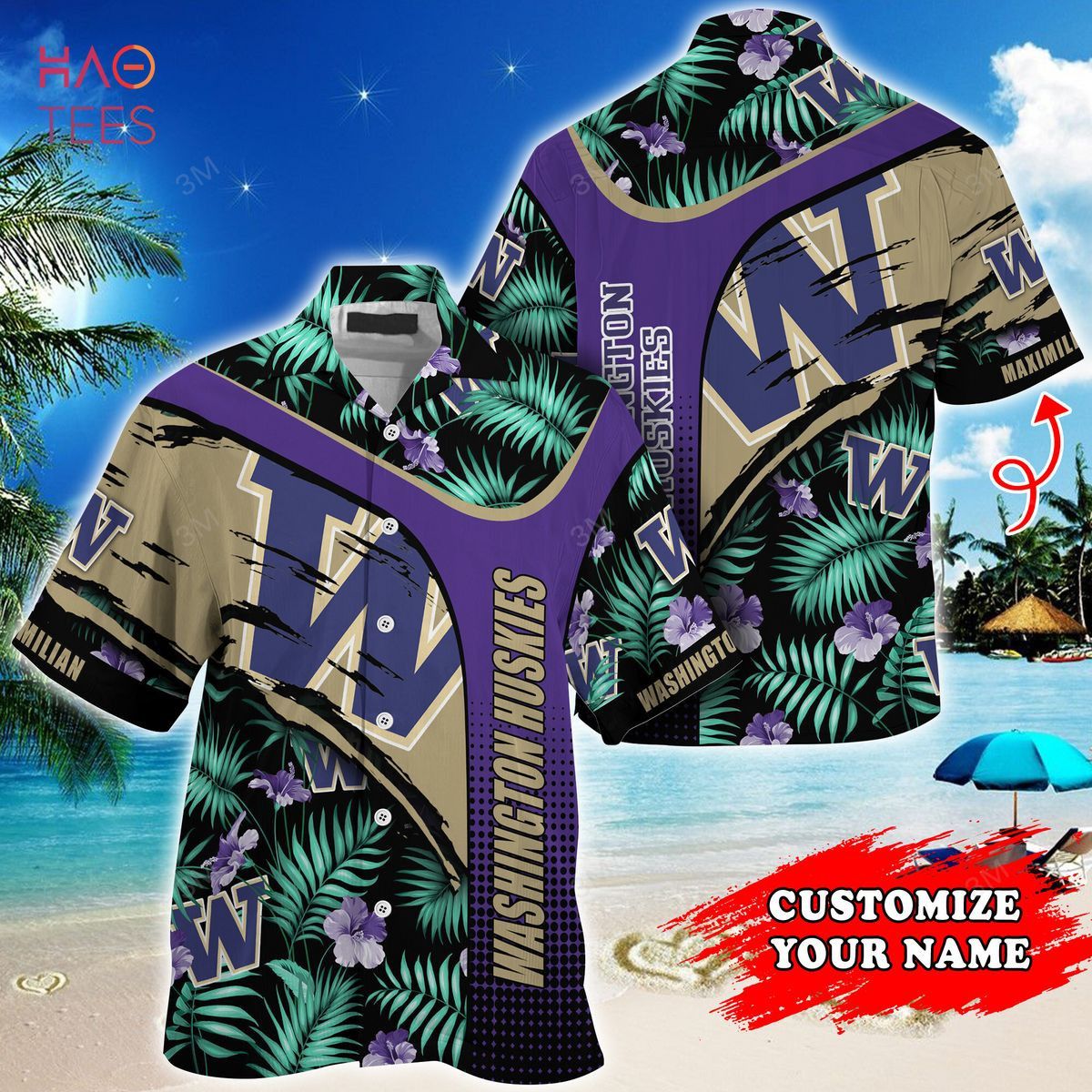 NCCA Washington Huskies Custom Name Green Black Hawaiian Shirt