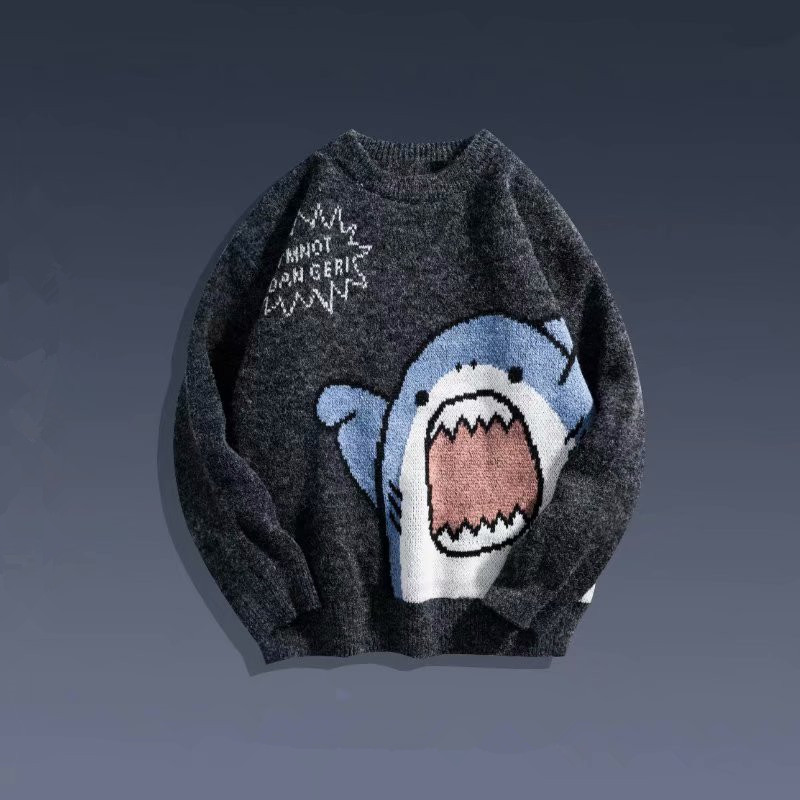 ZAZOMDE New Couples Sweater Autumn Winter Pullover Harajuku Cartoon Cute Shark Knitted Sweater Round Neck High Street Sweaters alx