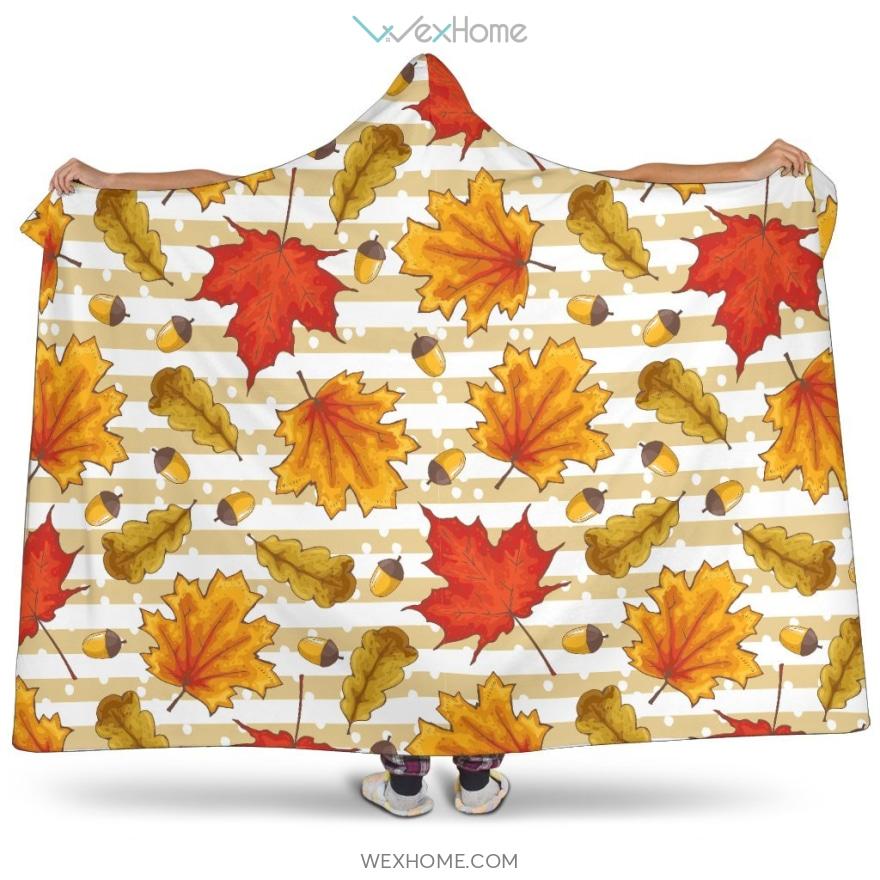 Maple Leaf Oak Leaf Acorns Beige Striped Background Hooded Blanket