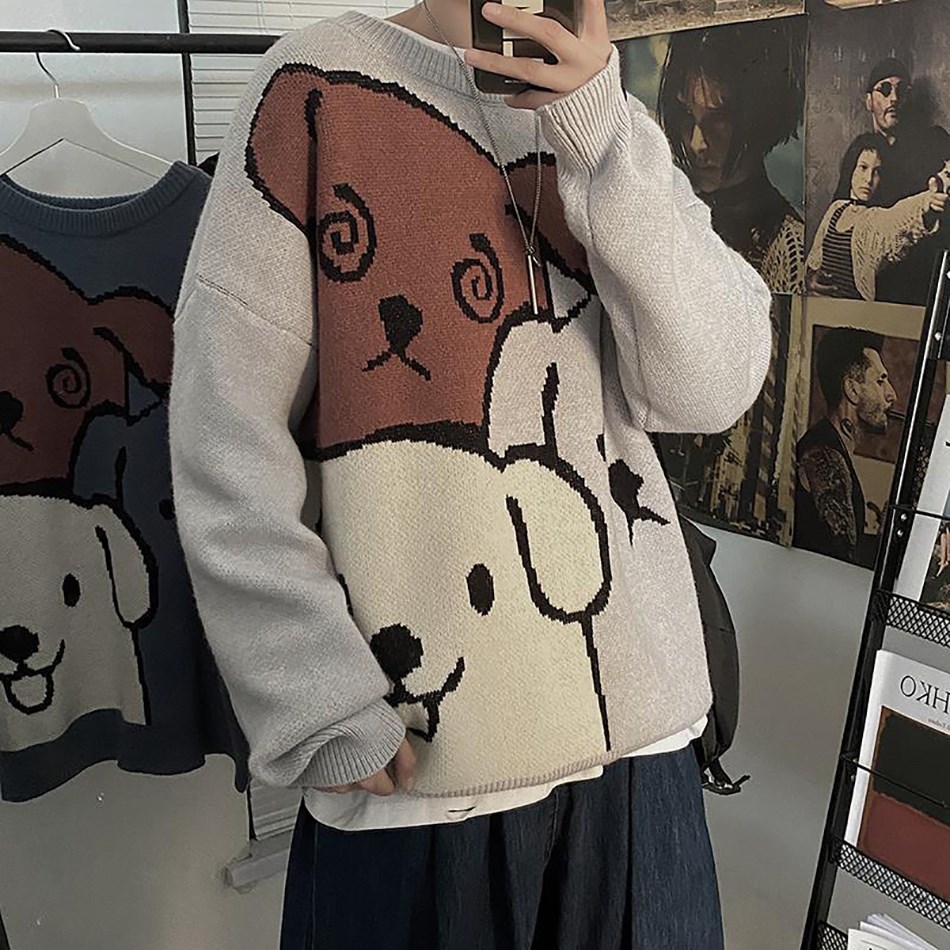 Black Sweater 2021 Autumn Winter Vintage Oversized Knitted Pullover Korean Fashion Cartoon Dog Pattern Designer Men Clothes Coat alx