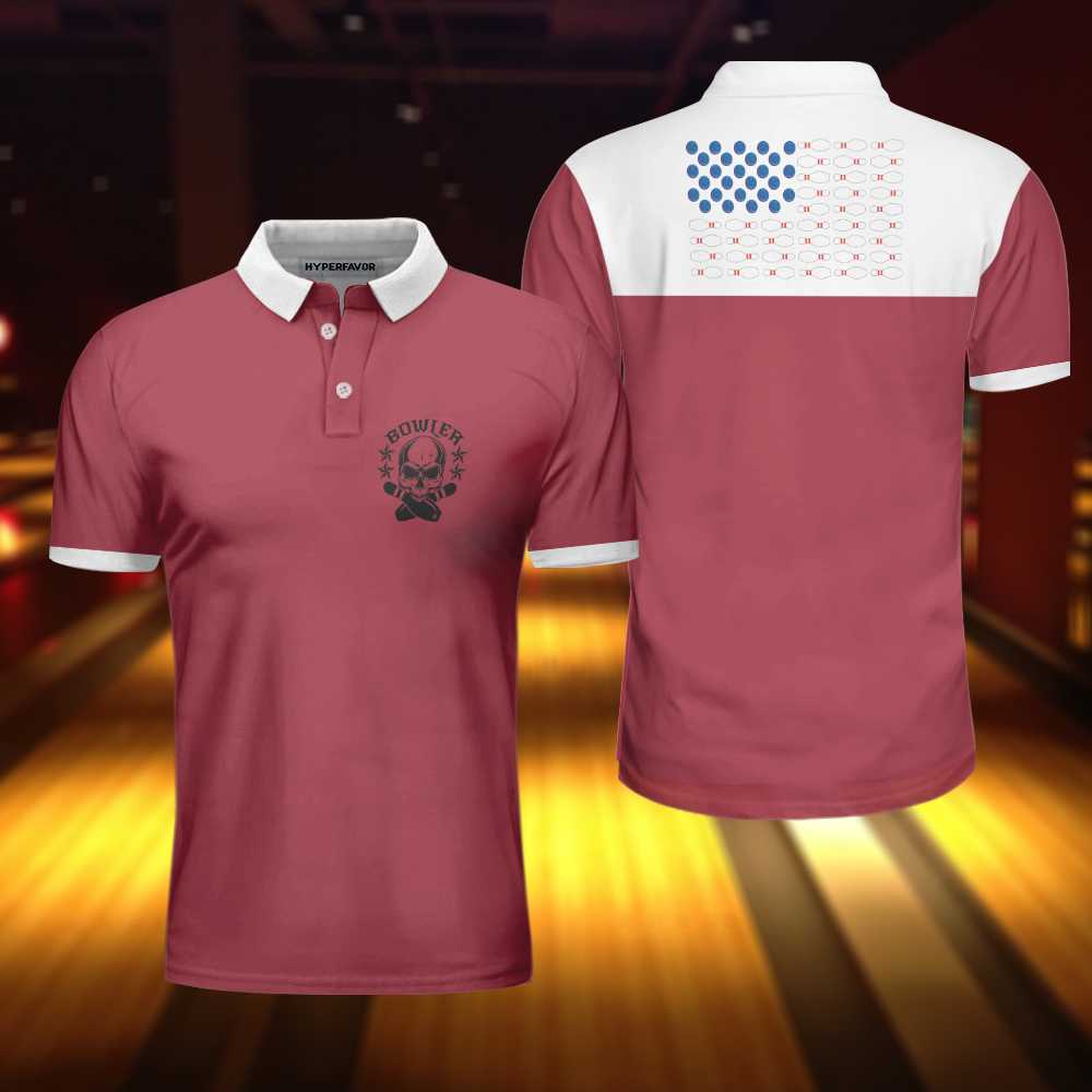 Bowling Skull Polo Shirt, American Flag Bowling Shirt For Men, Unique Bowling Apparel Coolspod