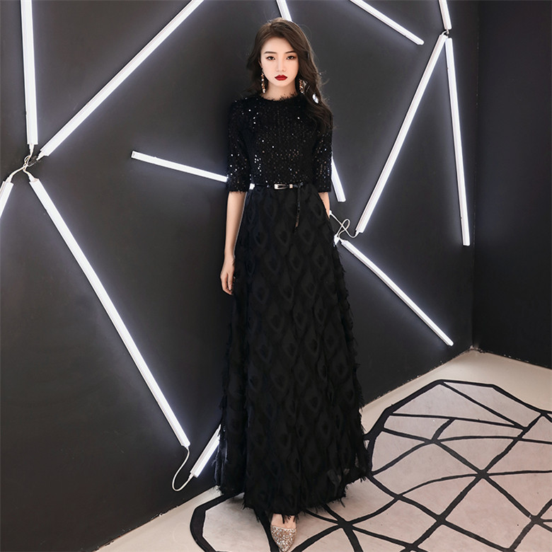 wei yin 2022 New Evening Dresses The Bride Elegant Banquet Black Half Sleeves Lace Floor-length Long Prom Party Gowns WY1342 alx